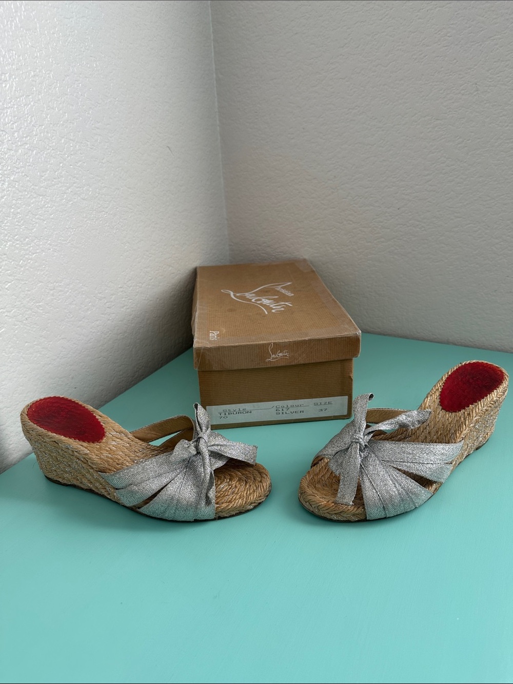 Christian Louboutin Tiburon 70 Espadrille Wedge Mules in silver-size 37-used